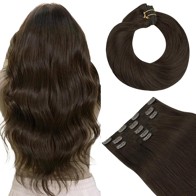 HOTBANANA Real Human Hair Clip in Hair Extensions, 5Pcs 80g 20 Inch Light Dark Brown Straight Remy Clip in Extensions