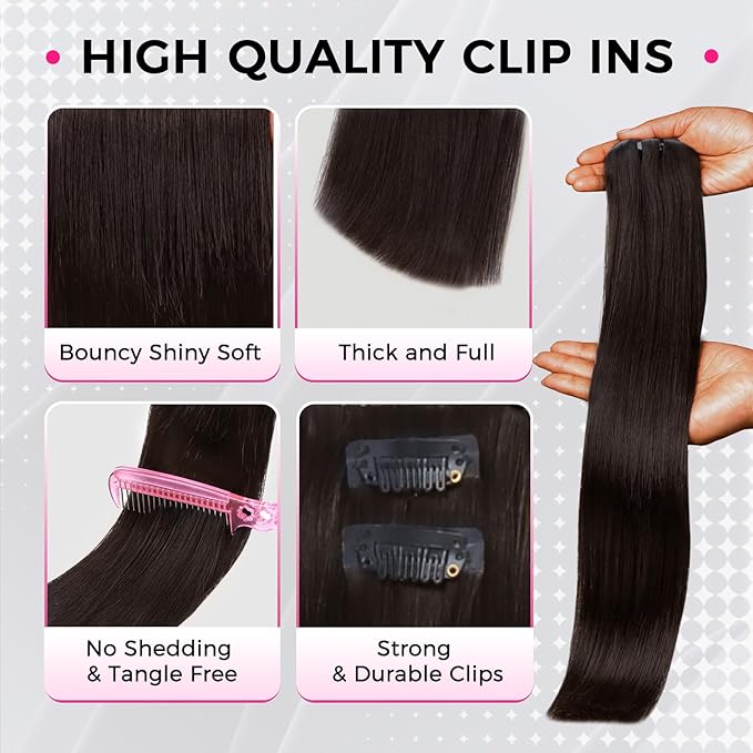 Lashey Invisi Edge Clip in Hair Extensions 14 Inch 110g 7pcs Injected Seamless PU Clip in Hair Extensions Virgin Human Hair, #2 Dark Brown Straight Hair