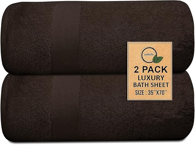 Softolle 100% Cotton Luxury Bath Sheets - Pack of 2 (35" x 70") | Super Soft, Quick-Dry & Highly Absorbent Towels for Bathroom, Home, Spa & Gym (Dark Brown)