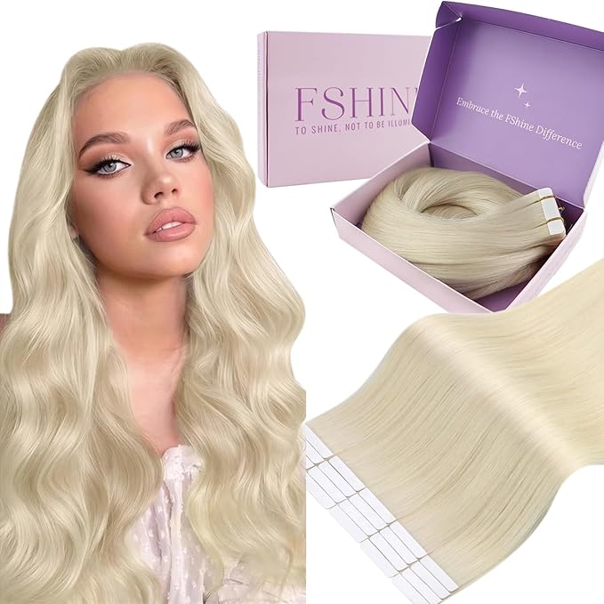 Fshine Blonde Tape in Hair Extensions Real Human Hair Color 60 Platinum Blonde Tape in Remy Extensions,Short 12 Inch 20 pcs 30 g, Perfect for Party, Birthday, or Prom Hairstyles