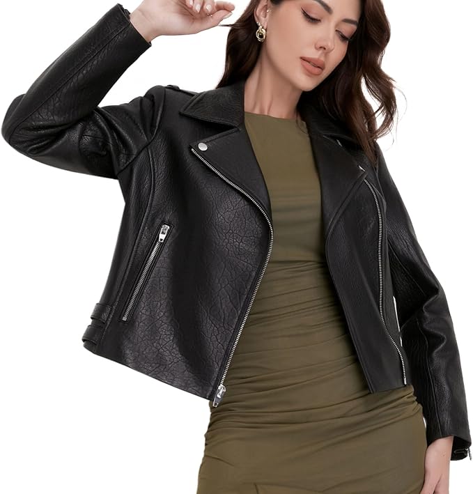 Lambskin Leather Jacket Women,Motorcycle Jacket,Asymmetrical Zip Style,Buckle Belts,Quilted Details