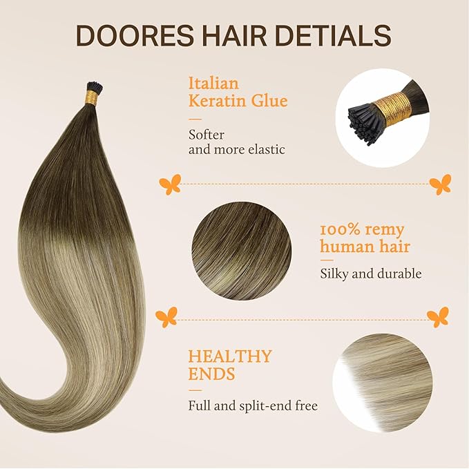 DOORES I Tip Hair Extensions Real Hair, Balayage Walnut Brown to Ash Brown and Bleach Blonde 20 Inch 50g/50s, I Tip Human Hair Extensions for Women