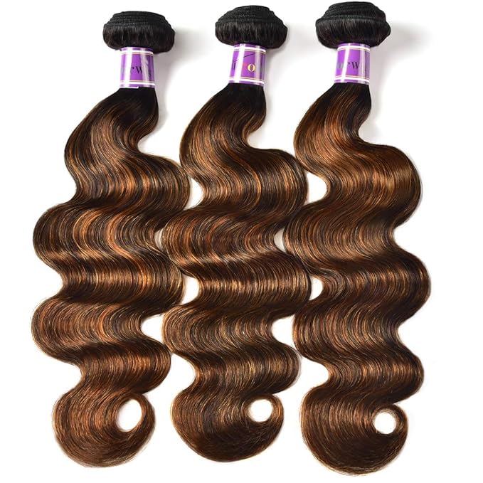 UNice Brown Highlight Body Wave Human Hair Weave 3 Bundles 26 28 30 inch, Brazilian Remy Hair Ombre Blonde Human Hair Wavy Weaves Sew in Piano Color TFB30
