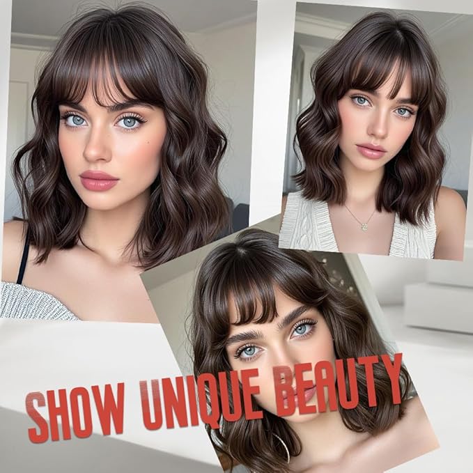 WAVE&BREEZE Brown Wig with Bangs Short Wavy Bob Wigs for Women 14 Inch Shoulder Length Natural Looking Synthetic Hair Replacement Wigs for Cosplay Party Use