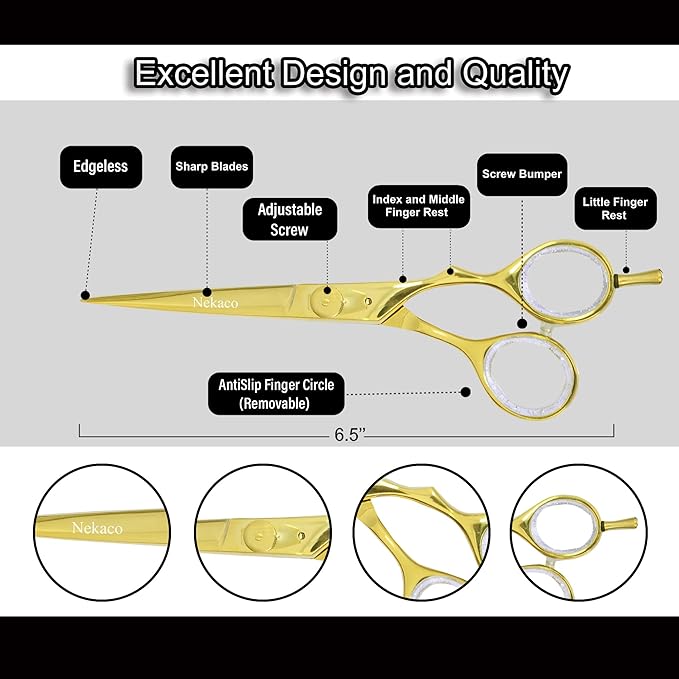 Professional 6.5 inches Hair Cutting Scissors, Premium Quality Stainless Steel Hair Scissors, Hair Shears with Adjustable Screw for Barber Salon & Home (Gold, 6.5 inches)