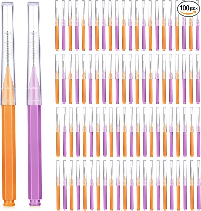 Patelai 100 Pieces Braces Brush for Cleaner Interdental Brush Toothpick Dental Tooth Flossing Head Oral Dental Hygiene Flosser Toothpick Cleaners Tooth Tool(Purple, Orange,Cute Size)