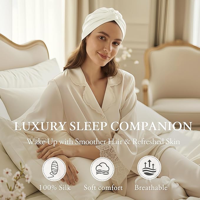 100% Mulberry Silk Bonnet for Sleeping, Adjustable Tie Closure for Women, Breathable Hair Wrap for Hair Protection