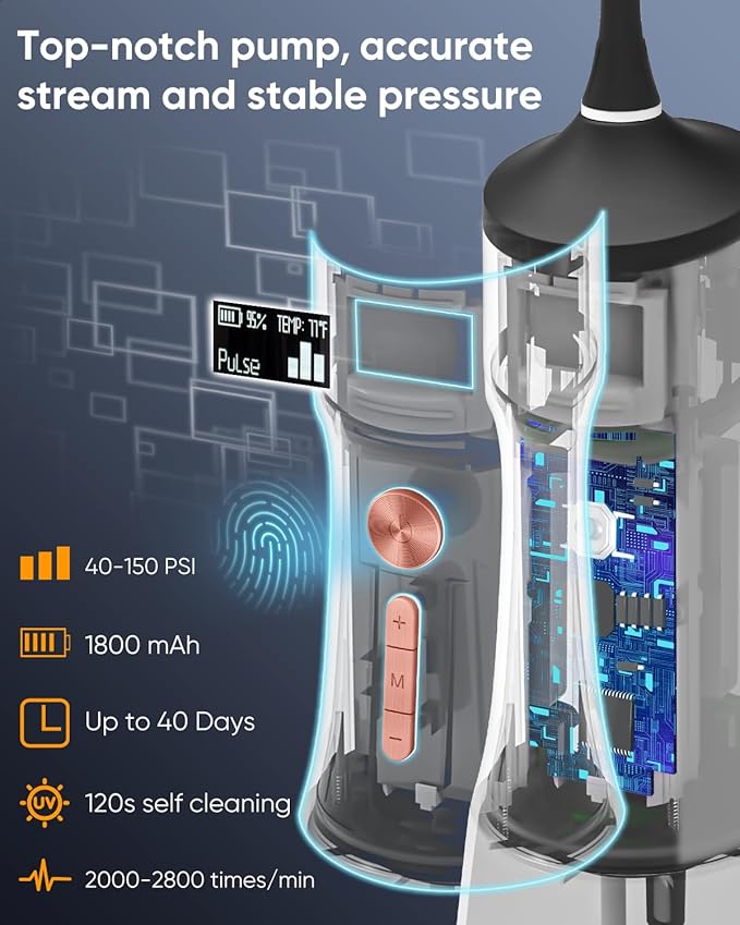MySmile LP221 UVC Sterilizable Cordless Water Flossers for Teeth 335ML Portable OLED Display Dental Flosser with 4 Modes 8 Jet Tips and a Storage Pouch for Home and Travel (Midnight Black)