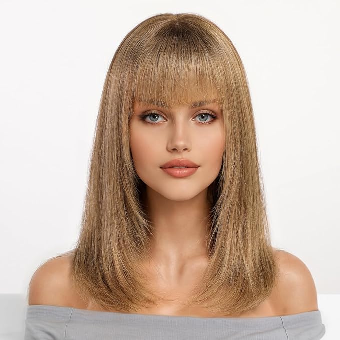 KKU 16 Inch Brown and Gold Ombre Human Hair Wigs for Women,Layered Straight Hair Wig with Bangs,Wear Natural Realism