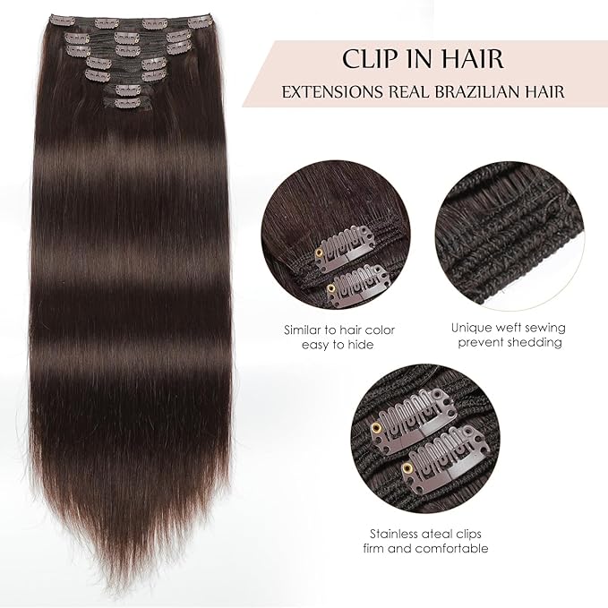 Sisily Clip in Hair Extensions Real Human Hair, 22 inch 170g, Dark Brown, 100% Brazilian Remy Human Hair Clip in Extensions Soft Straight 7pcs Per Set with 16 Clips Double Weft