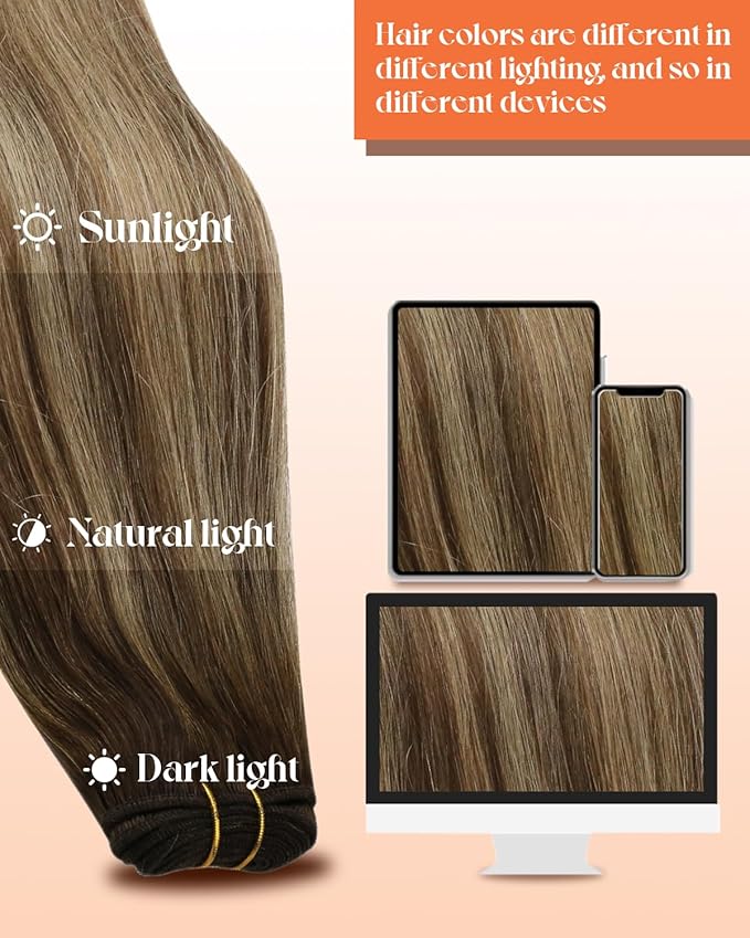 Sunny Hair Sew in Hair Extensions Real Human Hair Balayage Weft Hair Extensions Human Hair Dark Brown Mix Caramel Blonde Balayage Sew in Bundles Human Hair Weft Extensions 22inch 100g