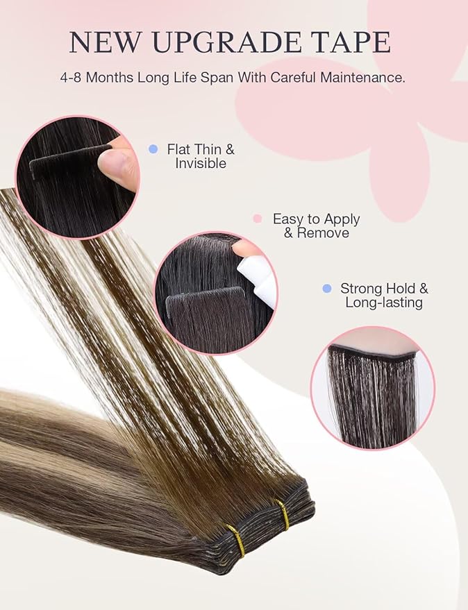 DOORES Invisi Edge Human Hair Extensions Tape in, Chocolate Brown to Honey Blonde 10pcs Injection Tapeins, 25g 16 Inch, Natural Injected Tape in Virgin Human Hair