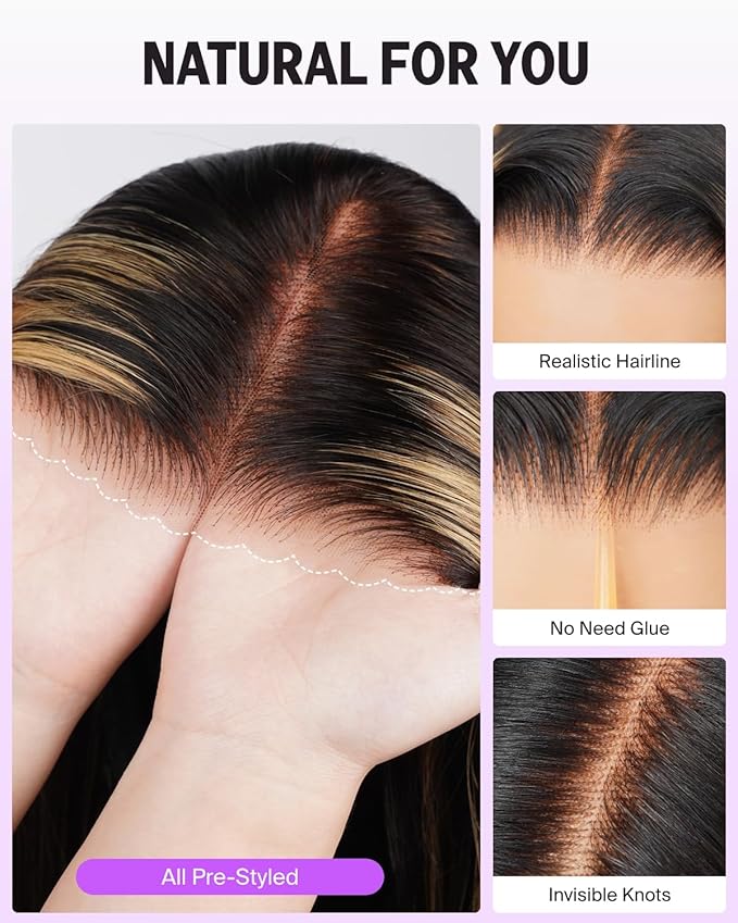 Ready to Go Glueless Highlight Wig Human Hair 6x5 HD Lace Front Wig Human Hair Closure Wig 220% Density Straight Wigs Human Hair Glueless FB27# Bleached Knots 20 Inch