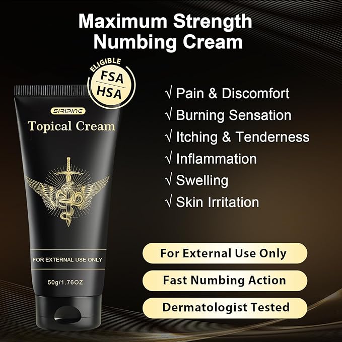 Numbing Cream – Maximum Strength Topical Skin Cream with Emu Oil and Arnica & Vitamin E– External Use Formula for Burns, Itches, Insect Bites,Tattoo and Irritated Skin – 1.76oz