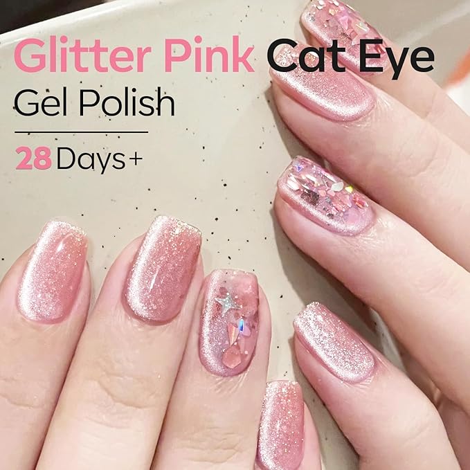modelones Cat Eye Gel Nail Polish Pink 9D Cateye with Magnet Shimmer Soak Off Reflective Translucent Gel Magnetic Top Coat Nail Polish for Women Girl 15 ML