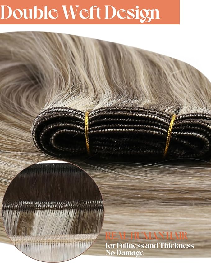 Sunny Hair Sew in Hair Extensions Real Human Hair Highlights Hair Wefts Human Hair Sew in Light Brown Mix Platinum Blonde Human Hair Weft Extensions For Women Real Hair Add Length 22inch 100g