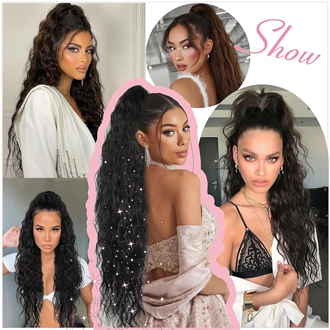 ENBEAUTIFUL 30" Claw Clip Ponytail Extension Long Wavy Ponytail Extension Synthetic Pony Tails Hair Extensions Clip in Synthetic Hair pieces Fluffy Natural Looking for Women Black