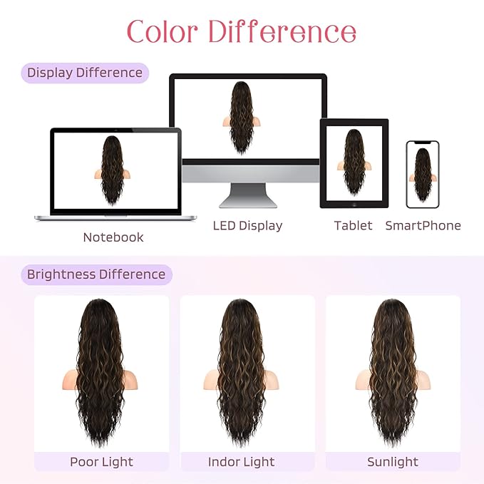 HOOJIH Ponytail Extension, Drawstring Ponytail Hair Extensions 26 Inch Long Curly Wavy Ponytail Natural Wavy Synthetic Hairpiece for Women Daily Use - Black Brown with highlights