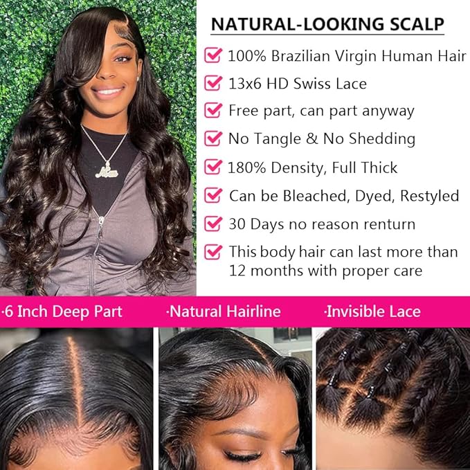 28 Inch Body Wave Lace Front Wigs Human Hair 13X6 HD Lace Frontal Wigs Human Hair 180% Density Glueless Wigs Human Hair Pre Plucked for Women Brazilian Virgin Body Wave Wig Natural Color