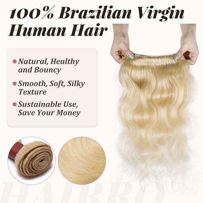 Hairro Sew in Hair Extensions Real Human Hair, 100g/bundle Weave Weft for Women Adding Volume and Length, for DIY Beauty Dating Party, 24 Inch One Bundle Body Wave #613 Bleach Blonde