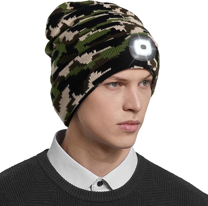 Unisex LED Beanie with Light, Rechargeable Headlamp Hat, Stocking Stuffers Christmas Gifts for Men, Warm Knitted Cap White Elephant Gifts for Dad Adults Teens Men Women Him