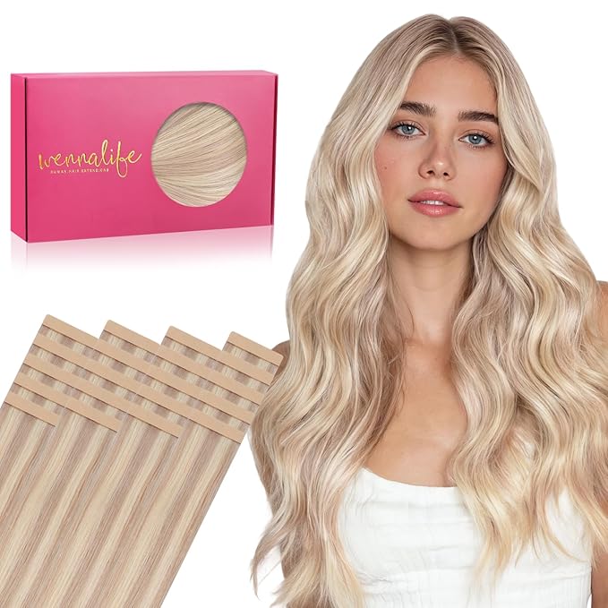 WENNALIFE Tape in Hair Extensions Human Hair, 20pcs 40g 12 inch Balayage Light Wheat Platinum Blonde Remy Hair Extensions Straight Human Hair Tape in Extensions Skin Weft Tape Extensions Human Hair
