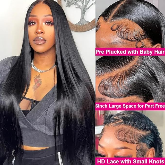 Straight Lace Front Wigs Human Hair 200 Density Glueless Straight Wigs Human Hair Pre Plucked with Invisible Knot 13x6 HD Lace Frontal Human Hair Wig for Black Women Natural Black Color 24 Inch