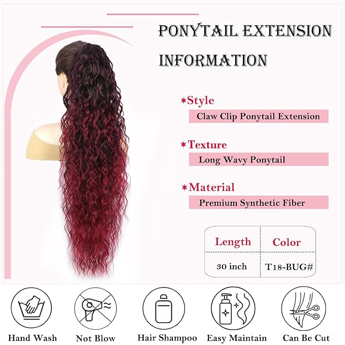ENBEAUTIFUL 30" Claw Clip Ponytail Extension Long Wavy Ponytail Extension Synthetic Pony Tails Hair Extensions Clip in Hair pieces for Women T1B/bug