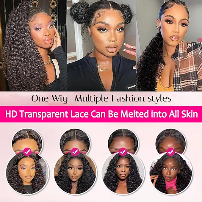 13x6 Water Wave Lace Front Wigs Human Hair 200 Density Glueless Wigs Human Hair Pre Plucked Curly Hair Wig for Black Women Natural Color 24 Inch