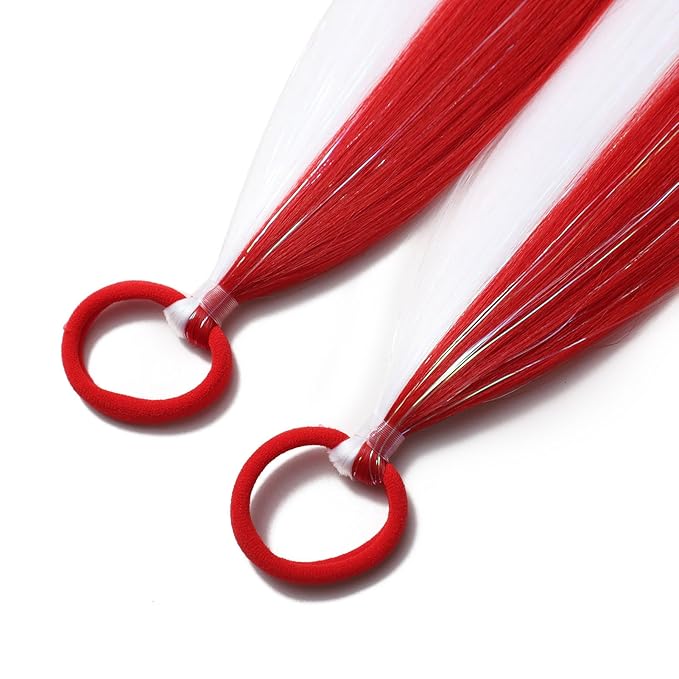 White and Red Hair Extensions for Braids Ponytail Extension 2 Packs, 20 inch Crazy Hair Day Accessories for Women, DIY Festival Wacky Rave Braids for Women,Tinsel Mixed