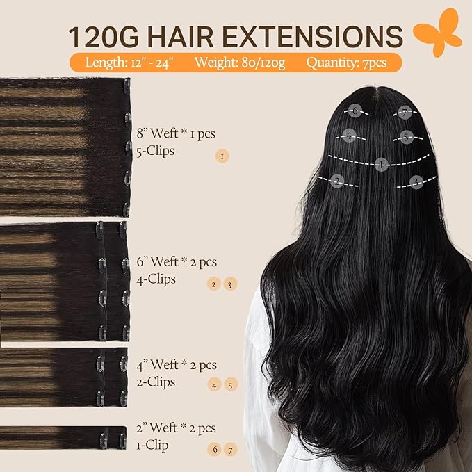 DOORES Hair Extensions Clip in Balayage Natural Black to Chestnut Brown Human Hair Extensions Clip in Remy Extensions Real Natural Hair Extensions Straight 7pcs 24 Inch 120g