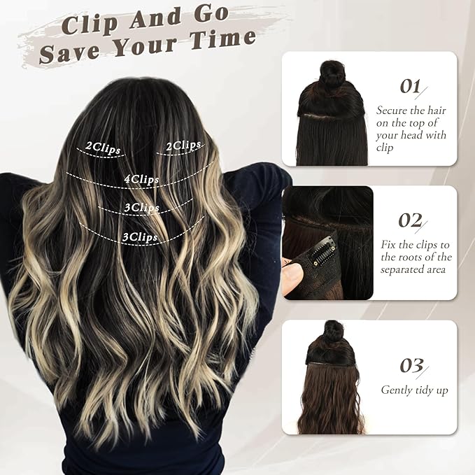 BARSDAR Short Wavy Clip in Hair Extensions - 14 Inch Black Blonde Highlights Hair Extensions for Women - 5PCs Thick Soft Synthetic Clip in Hairpieces Daily Party - Black with Blonde Highlights