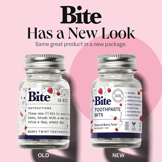 Bite Whitening Toothpaste Tablets (2 Months) – Fluoride Free, Nano Hydroxyapatite + Xylitol, Berry Twist – Vegan, Cruelty-Free, Made in USA, Sensitive Teeth, Travel Size, (2 Bottles, 124 Tabs)