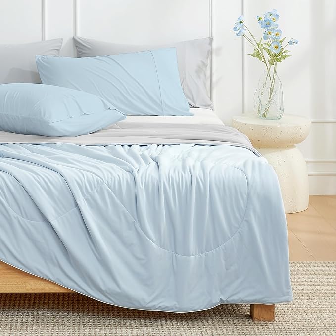 Cozy Bliss Cooling Comforter Queen Size, Cooling Blankets for Hot Sleepers and Night Sweats, Gray Blue Summer Comforter for Queen Size Bed, Breathable Soft Lightweight Silk Smooth