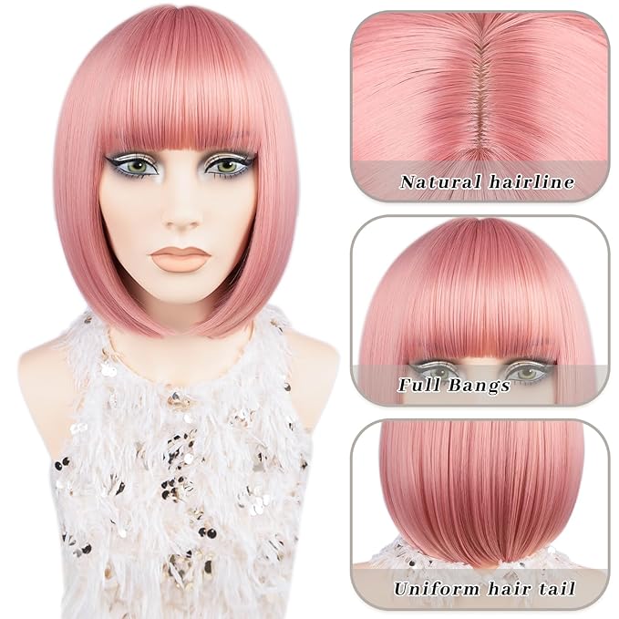 MAYSA Pink Bob Wig with Bangs for Women Short Straight Bob Wigs 12in Synthetic Cosplay Daily Party Colorful Neon Wigs # Light Pink