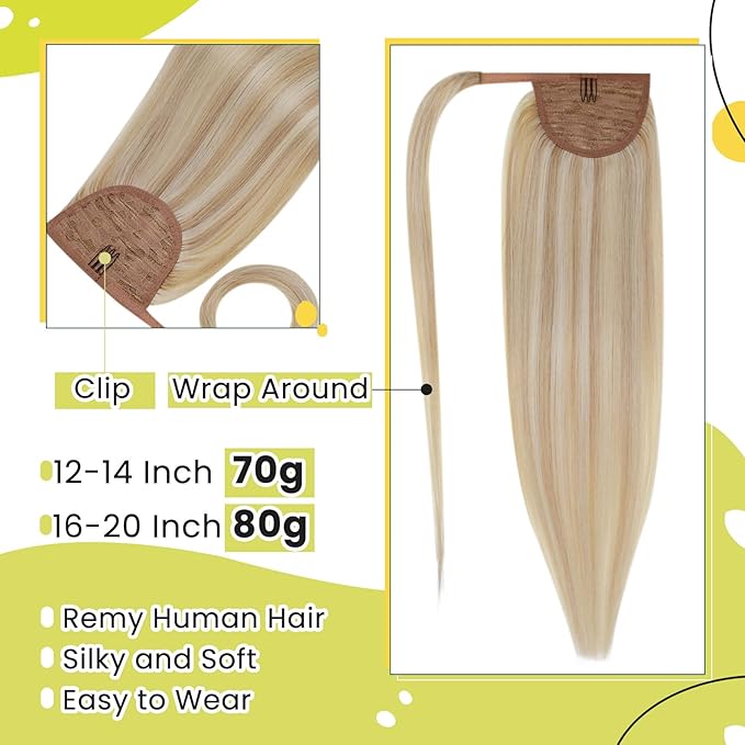 RUNATURE Ponytail Extension Human Hair, Blonde Human Hair Ponytail, Real Hair Ponytail Extension with Magic Paste, Natural Looking for Daily Wearing, 16 Inch 80g #18P613 Ash Blonde Highlight