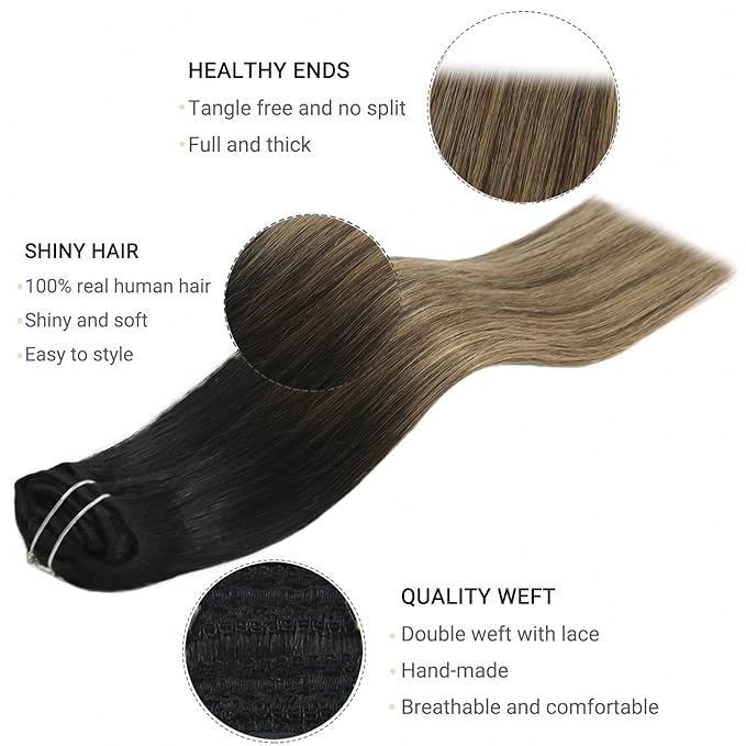 Clip in Hair Extensions Human Hair Ombre Clip in Extensions Balayage Natural Black to Chocolate Brown Mix Caramel Blonde Real Remy Human Hair 80g 5pcs 12inch