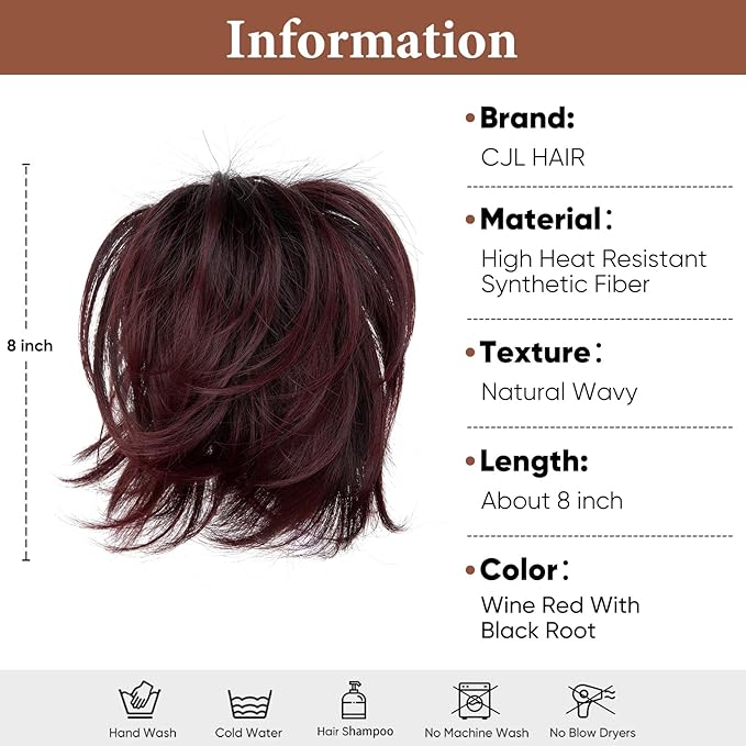 CJL HAIR Claw Clip Short Ponytail Hair Extensions DIY Bendable Metals Messy Bun Hair Piece for Wonen Straight Synthetic Fake Hairpieces Wine Red with Black Root