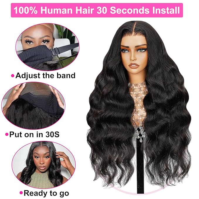 250% Density 6x4 Wear and Go Wig, 100% Human Hair, [2-year life, 250g], Body Wave Glueless Closure Wigs Human Hair Pre Plucked Pre Cut Middle Part, 26 Inch