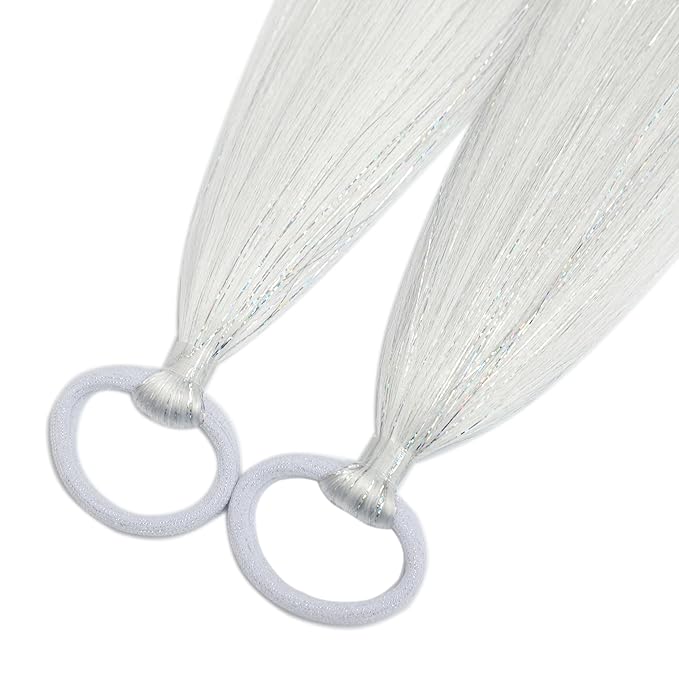 White Hair Extensions for Braids Ponytail Extension 2 Packs, 20 inch Crazy Hair Day Accessories for Women, DIY Festival Wacky Rave Braids,Tinsel Mixed