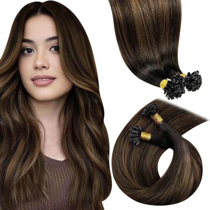 LaaVoo K Tip Hair Extensions Real Human Hair Brown Ktip Human Hair Extensions Utip Hair Extensions Balayage Dark Brown to Medium Brown 16 Inch 100g 100s