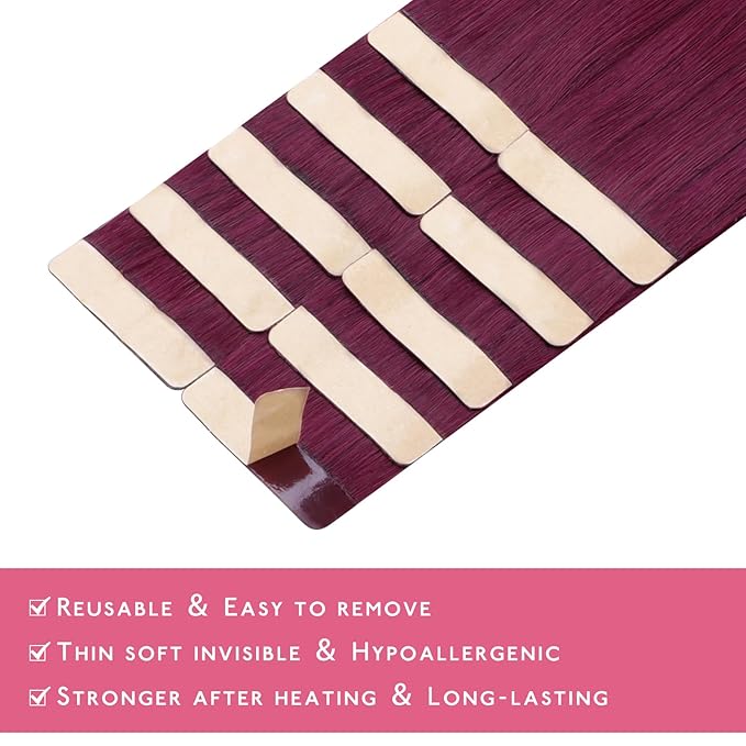 WENNALIFE Tape in Hair Extensions Human Hair Light Burgundy, 10pcs 25g 14 inch Remy Invisible Tape Ins Straight Colored Soft Refill Set