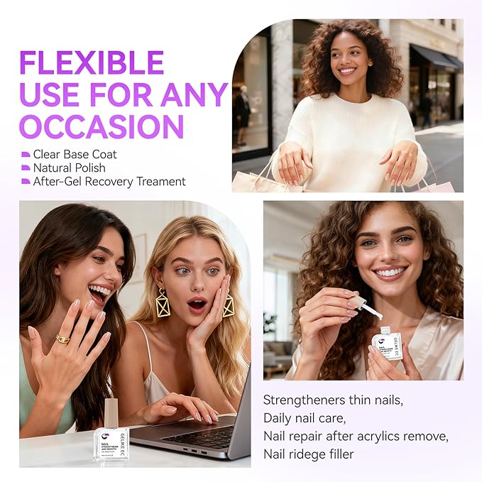 Gelike EC Nail Strengthener and Growth for Women: Clear Nail Hardener for Damaged Weak Peeling Nails – 60s Quick Dry Protein Repair Base Coat – Long Lasting High Shine Daily Home Care 16ml