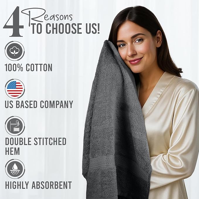 RIVERSIDE 100% Ring Spun Cotton Large Bath Towels Set of 4, 27 x 54 Inches – Quick Dry, Soft & Highly Absorbent Towels for Shower & Bathroom – Luxury 600 GSM Towels for Home, Spa, Gym, Hotel, Grey