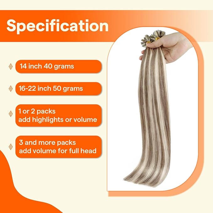 Full Shine U Tip Hair Extensions Human Hair 16 Inch Soft Remy Hair Blonde Highlighted Brown Keratin Tip Hair Extensions Real Human Hair 50 Grams Straight Fusion Extensions