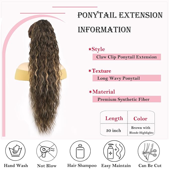ENBEAUTIFUL 30" Claw Clip Ponytail Extension Long Wavy Ponytail Extension Synthetic Pony Tails Hair Extensions Clip in Hair pieces for Women