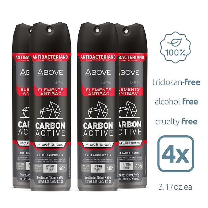 ABOVE 48 Hours Element Antiperspirant Deodorant Spray Set, Carbon Active, 4 Pcs - Deodorant for Men - Mint, Mandarin, and Orange Notes - Stain-Free