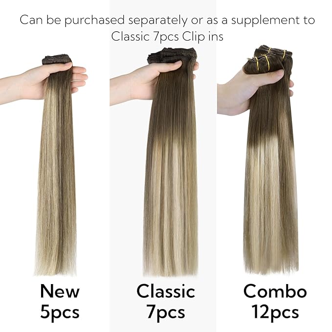 HOTBANANA Real Human Hair Clip in Hair Extensions, 5Pcs 80g 20 Inch Ombre Walnut Brown to Ash Brown and Bleach Blonde Straight Remy Clip in Extensions