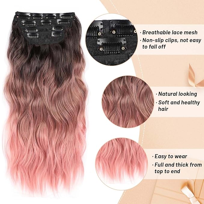 20 Inch Clip in Hair Extensions Long Wavy Synthetic Hair Extensions Thick Pink Hair Extension Clip ins Double Weft Hair Extension for Women (20INCH, PINK)