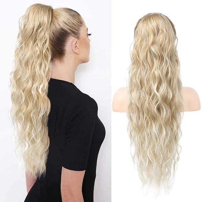 HOOJIH Ponytail Extension, Drawstring Ponytail Hair Extensions 26 Inch Long Curly Wavy Ponytail Natural Wavy Synthetic Hairpiece for Women Daily Use - Warm Blonde with Platinum Blonde Tails